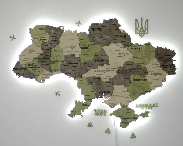 Деревʼяна 3D карта України з підсвіткою по контуру колір Olive