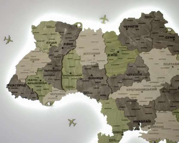 Деревʼяна 3D карта України з підсвіткою по контуру колір Olive