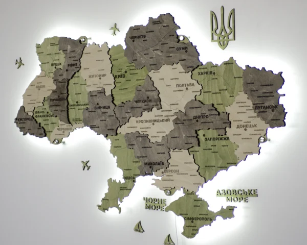Деревʼяна 3D карта України з підсвіткою по контуру колір Olive