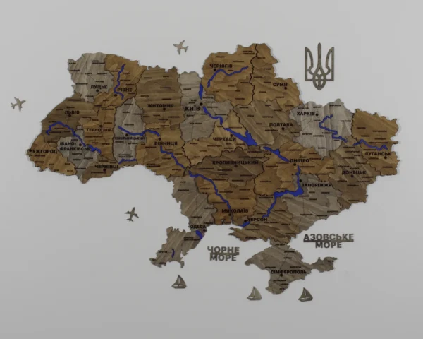 Деревʼяна 3D карта України з фарбованими річками без підсвітки колір Dark