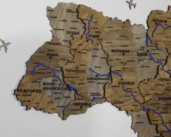 Деревʼяна 3D карта України з фарбованими річками без підсвітки колір Dark