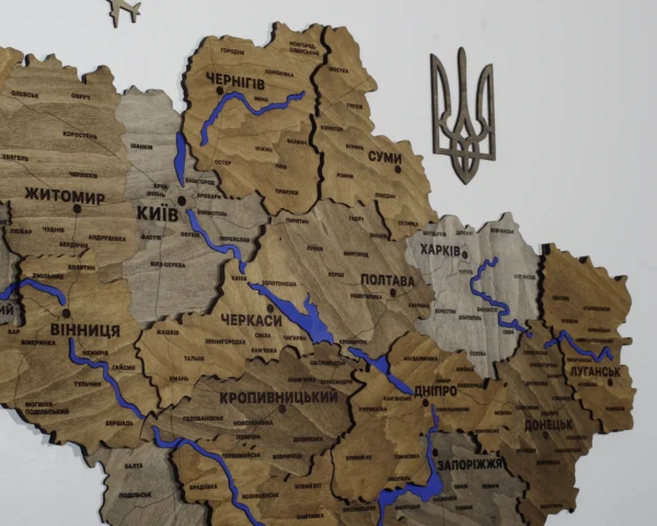Деревʼяна 3D карта України з фарбованими річками без підсвітки колір Dark