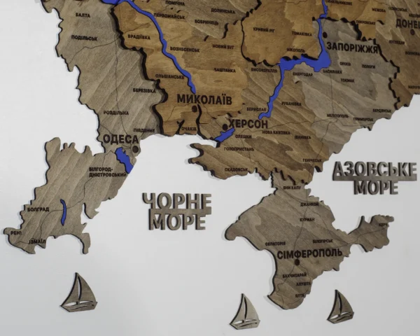 Деревʼяна 3D карта України з фарбованими річками без підсвітки колір Dark