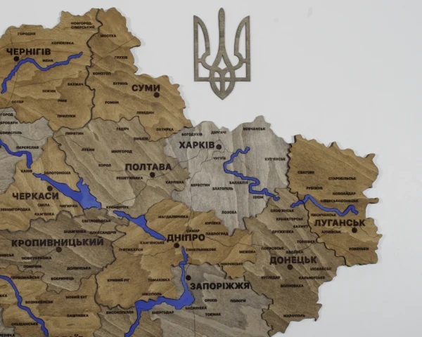 Деревʼяна 3D карта України з фарбованими річками без підсвітки колір Dark
