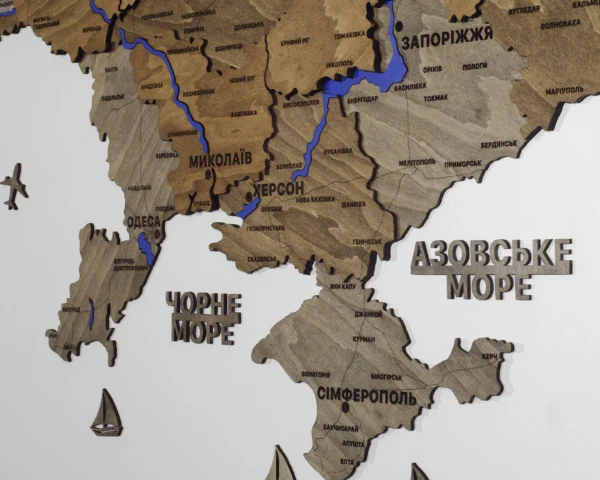 Деревʼяна 3D карта України з фарбованими річками без підсвітки колір Dark