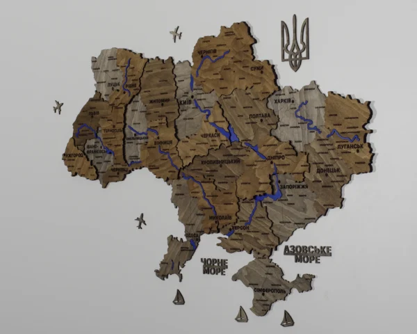 Деревʼяна 3D карта України з фарбованими річками без підсвітки колір Dark