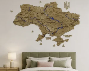 Настінна карта України з фарбованими річками без підсвітки колір Oak