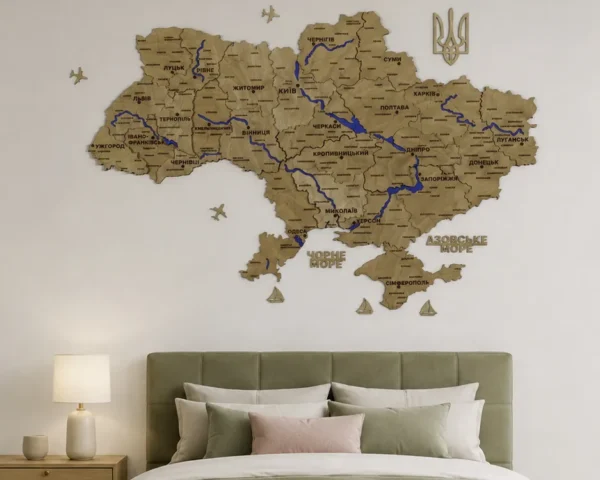 Настінна карта України з фарбованими річками без підсвітки колір Oak