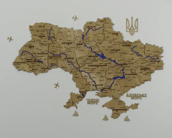 Настінна карта України з фарбованими річками без підсвітки колір Oak