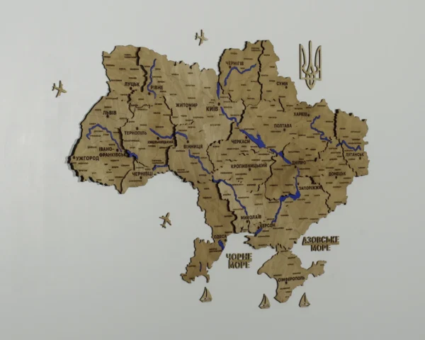 Настінна карта України з фарбованими річками без підсвітки колір Oak