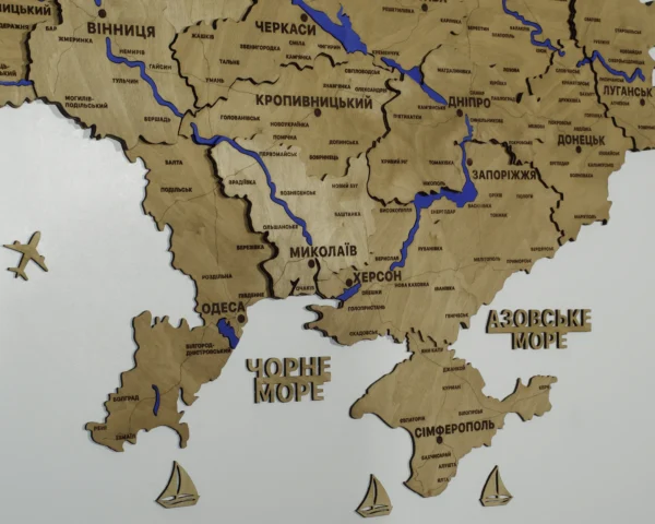 Настінна карта України з фарбованими річками без підсвітки колір Oak