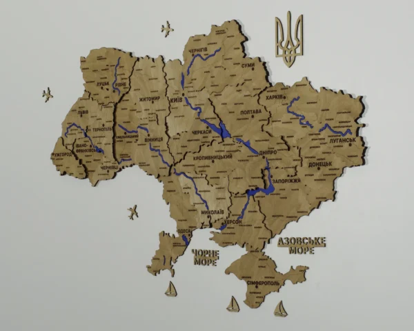 Настінна карта України з фарбованими річками без підсвітки колір Oak