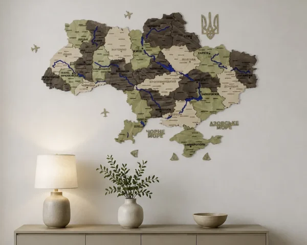 Карта України на стіну з 3D ефектом та фарбованими річками без підсвітки колір Olive