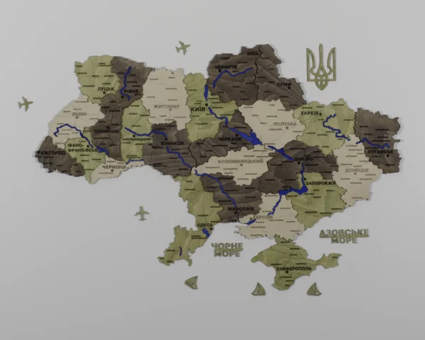 Карта України на стіну з 3D ефектом та фарбованими річками без підсвітки колір Olive