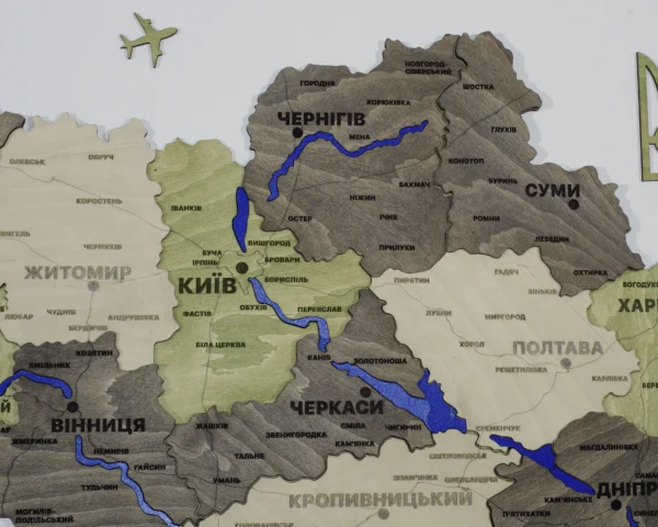 Карта України на стіну з 3D ефектом та фарбованими річками без підсвітки колір Olive