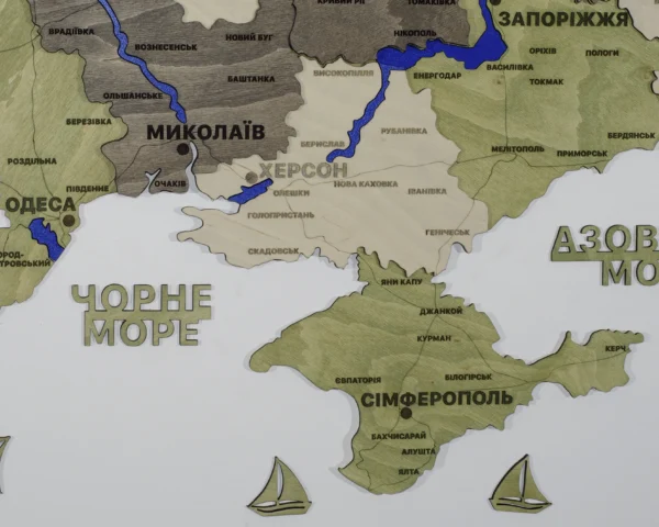 Карта України на стіну з 3D ефектом та фарбованими річками без підсвітки колір Olive