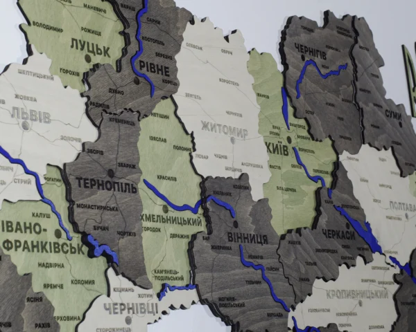 Карта України на стіну з 3D ефектом та фарбованими річками без підсвітки колір Olive