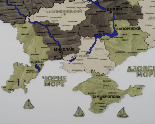 Карта України на стіну з 3D ефектом та фарбованими річками без підсвітки колір Olive