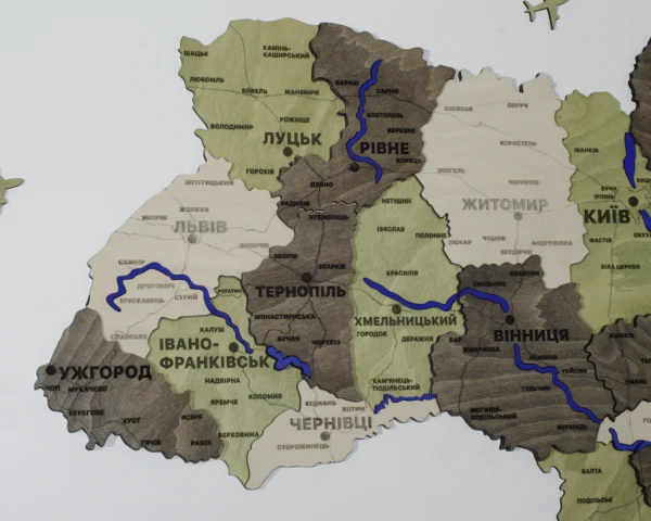 Карта України на стіну з 3D ефектом та фарбованими річками без підсвітки колір Olive