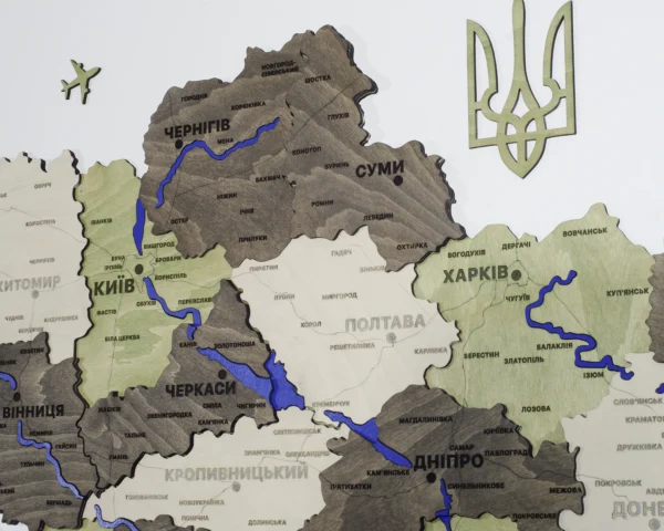 Карта України на стіну з 3D ефектом та фарбованими річками без підсвітки колір Olive