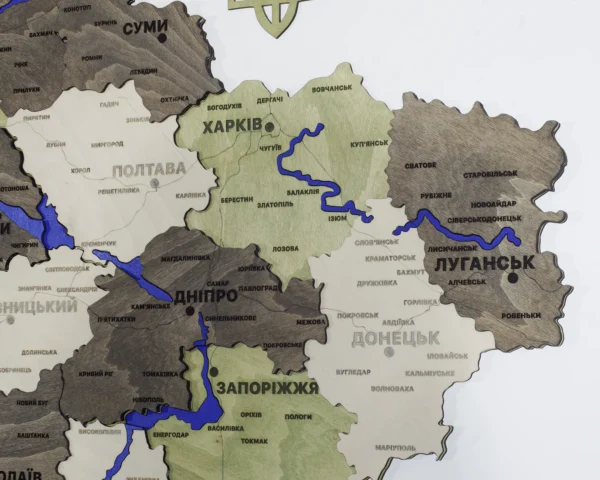 Карта України на стіну з 3D ефектом та фарбованими річками без підсвітки колір Olive
