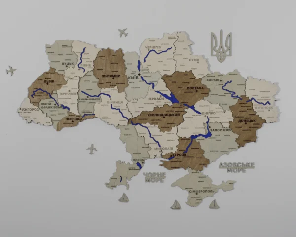 Карта України із дерева з мальованими річками без підсвітки колір Soft