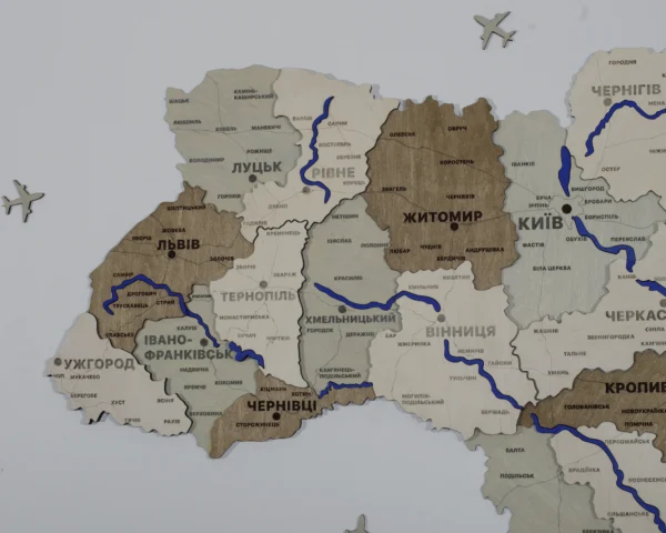 Карта України із дерева з мальованими річками без підсвітки колір Soft