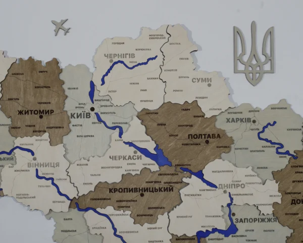 Карта України із дерева з мальованими річками без підсвітки колір Soft