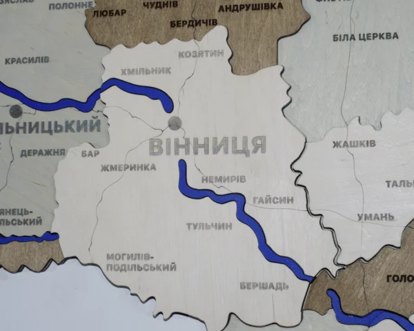 Карта України із дерева з мальованими річками без підсвітки колір Soft