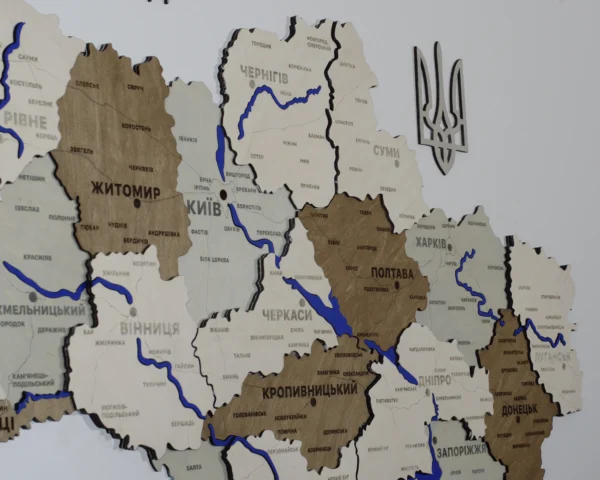 Карта України із дерева з мальованими річками без підсвітки колір Soft