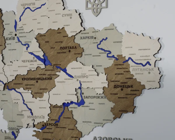 Карта України із дерева з мальованими річками без підсвітки колір Soft