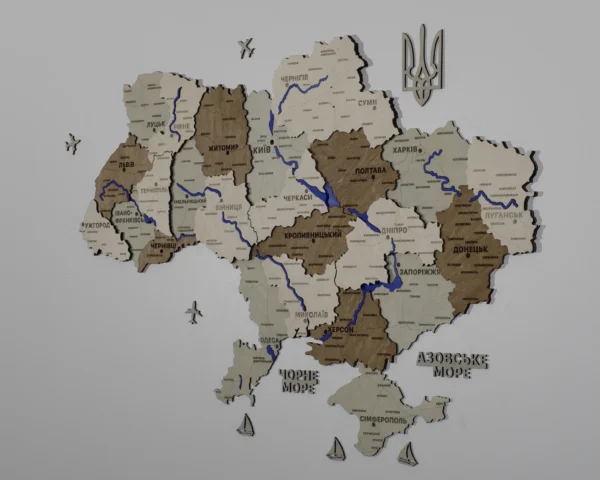 Карта України із дерева з мальованими річками без підсвітки колір Soft