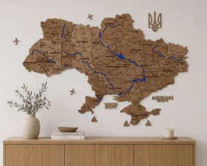 Деревʼяна карта України на стіну з мальованими річками без підсвітки колір Wood