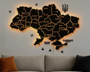 Карта України із дерева на стіну з підсвіткою між областями колір Black