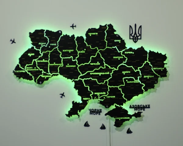 Карта України із дерева на стіну з підсвіткою між областями колір Black