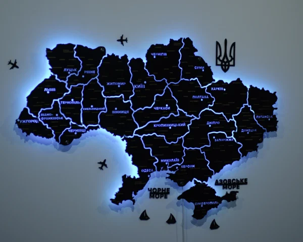 Карта України із дерева на стіну з підсвіткою між областями колір Black