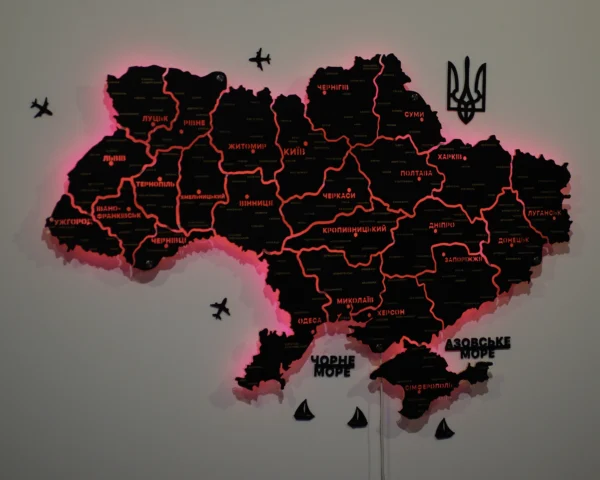 Карта України із дерева на стіну з підсвіткою між областями колір Black
