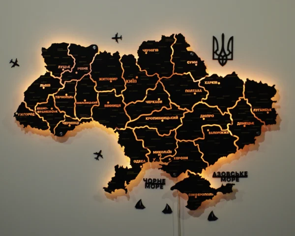 Карта України із дерева на стіну з підсвіткою між областями колір Black