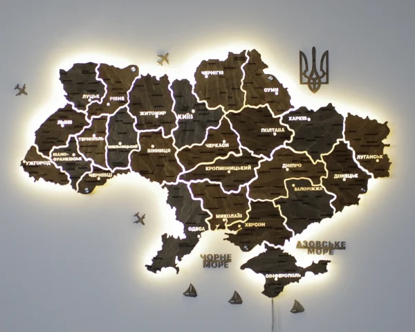 Карта України на акрилі з LED-підсвіткою між областями колір Dark
