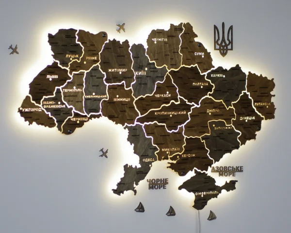 Карта України на акрилі з LED-підсвіткою між областями колір Dark