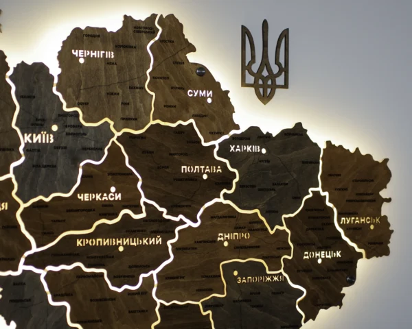 Карта України на акрилі з LED-підсвіткою між областями колір Dark