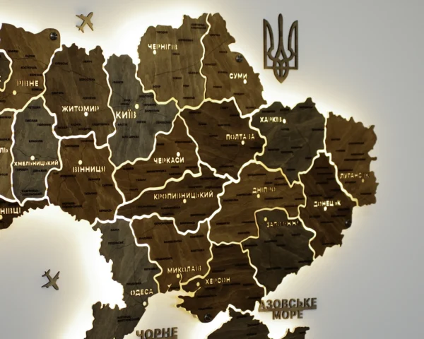 Карта України на акрилі з LED-підсвіткою між областями колір Dark