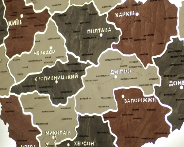 Карта України із дерева на акрилі з підсвіткою між областями колір Maple
