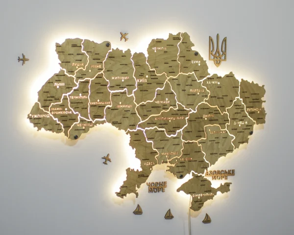 Настінна карта України на акрилі з підсвіткою між областями колір Oak