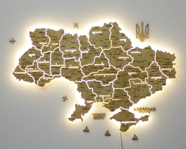 Настінна карта України на акрилі з підсвіткою між областями колір Oak