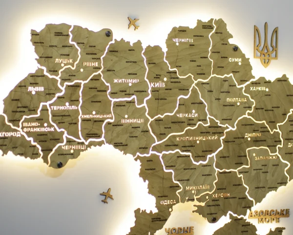 Настінна карта України на акрилі з підсвіткою між областями колір Oak