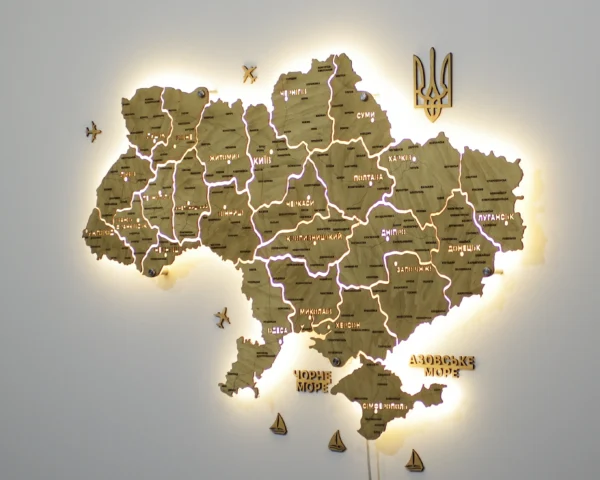 Настінна карта України на акрилі з підсвіткою між областями колір Oak