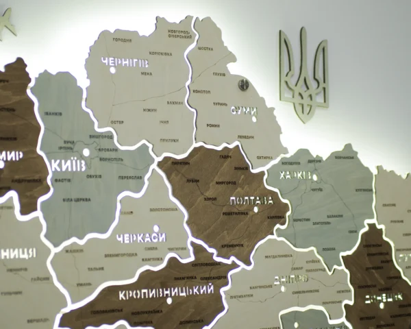 Деревʼяна карта України на акрилі з підсвіткою між областями колір Soft