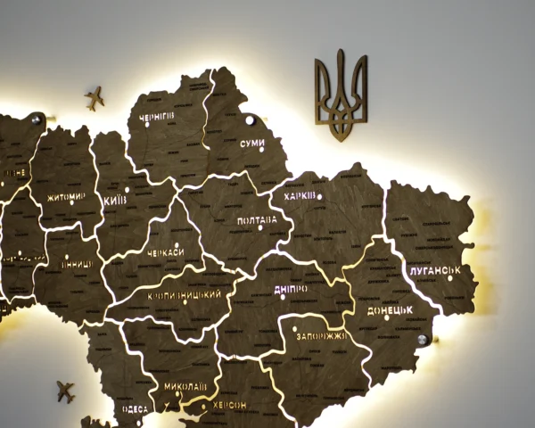 Деревʼяна карта України на стіну з підсвіткою між областями колір Wood