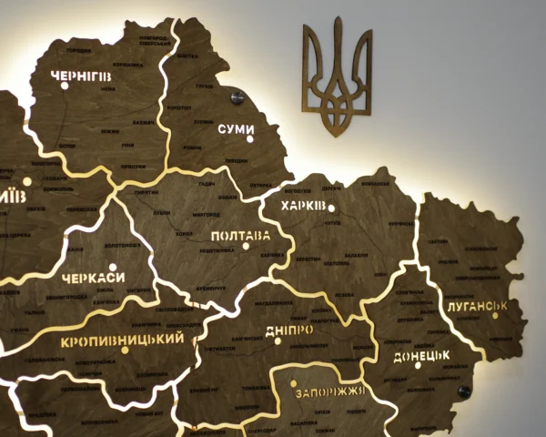 Деревʼяна карта України на стіну з підсвіткою між областями колір Wood